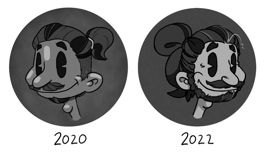 Side-by-side comparison of 2020 & 2022 self-portrait style Honor Bound Design logos.
